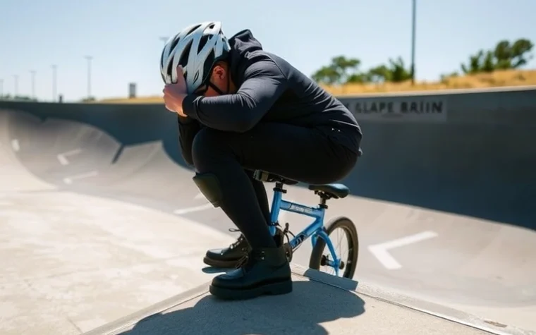 Райдер на BMX в наколенниках и налокотниках на бетонной рампе скейтпарка