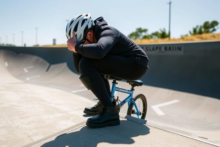 Райдер на BMX в наколенниках и налокотниках на бетонной рампе скейтпарка