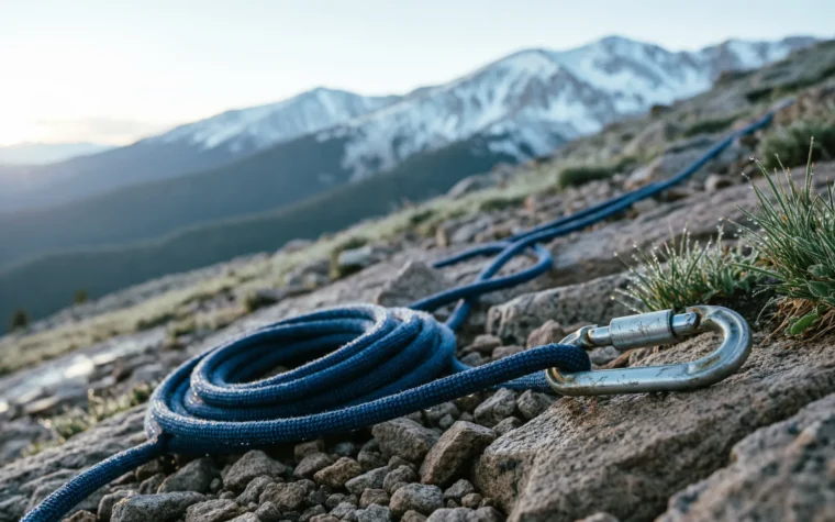 Скалистый горный склон, на земле лежит альпинистская верёвка и карабин, мягкий утренний свет, без людей.