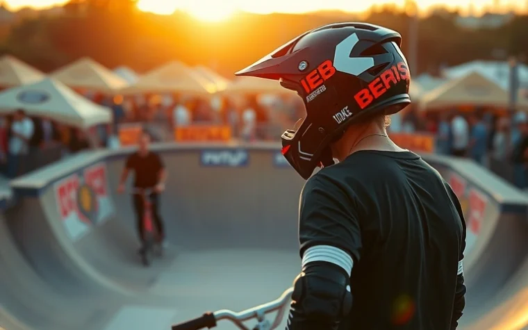 BMX-райдер в защитной экипировке на вершине рампы перед трюком