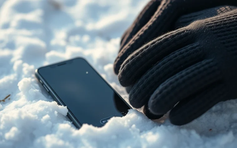 Зимние шерстяные и мембранные перчатки на снегу рядом со смартфоном